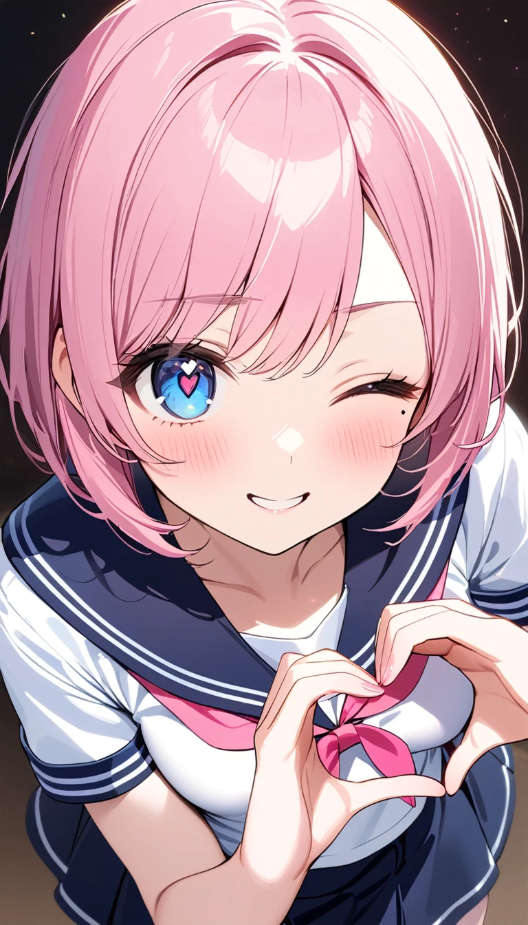 (1 girl),(Best Picture Quality, 8K, Masterpiece:1.3), (high school student:1.5), ((pink lob hair:1.1)), (bob cut),(swept bangs), (cute eyes, pupil black, iris skyblue, youthful face), (mole under right eye), (standard weight), (small breasts),(big hip), (glistening skin:1.1),(pale skin:1.2), ((serafuku, white sailor short sleeve simple shirt, darkblue skirt, darkblue sailor collar, pink ribbon)),(heart hands),(wink, one eye closed),(from above),(portrait),(happy).