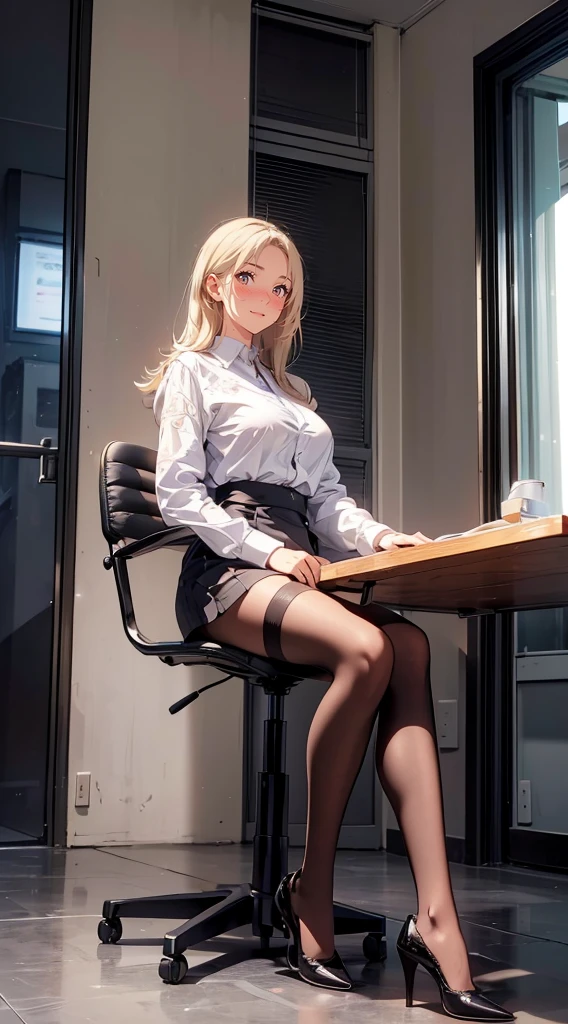 (((Blonde stunning hair))), (blue eyes), blue necklace, Golden earrings, Fit, Gorgeous Body, gorgeous, brown eyebrows, (two moles over lip), big pupils, (23 years old), 1girl,solo, complex skin, warm light, (large breasts), wide thighs, round butt, 5 fingers, ((blushing)), ((detailed face, best quality)), ((masterpiece)), ((ultra-detailed)), (beautiful detailed eyes), red lip, eyeshadow, beautiful face, long hair, very detailed eyes, intricate details in eyes, perfect lips, good lighting, ((black leather skirt and white shirt, buttons open)), in Japanese anime office room, workplace background, evil smile, cleavage, from below, ((full body:1.5)), sitting next to computer, legs crossed, armpits showing