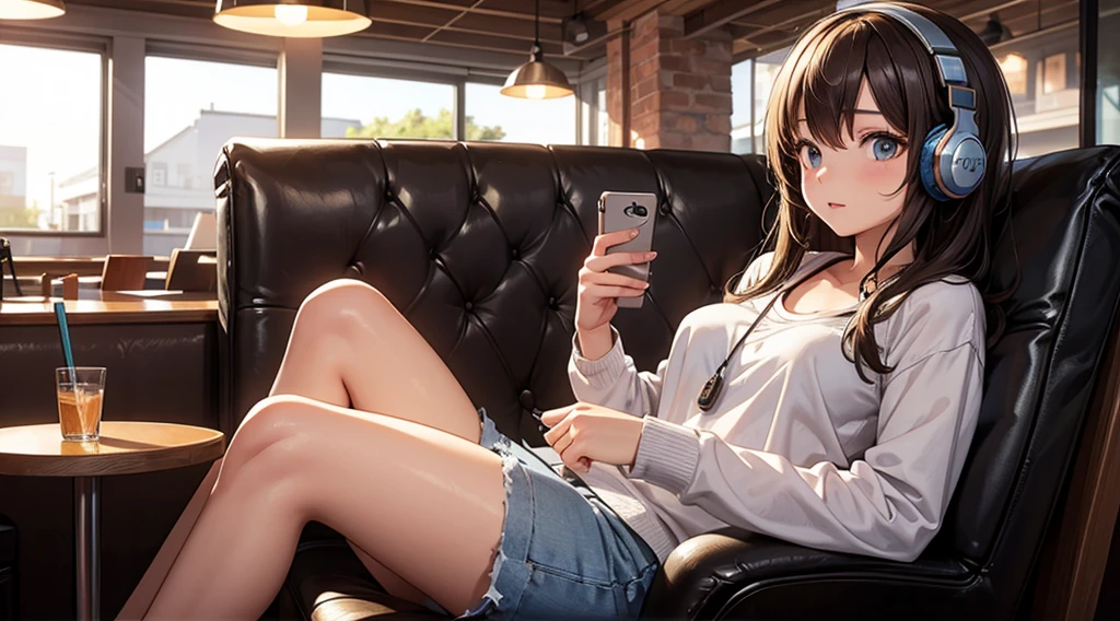 Girl with headphones enjoying music in a cafe　I am studying　Emphasize a little bit of the chest