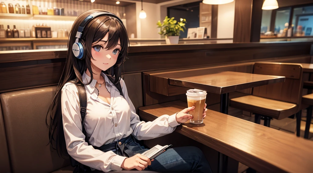 Girl with headphones enjoying music in a cafe I am studying Emphasize a little bit of the chest