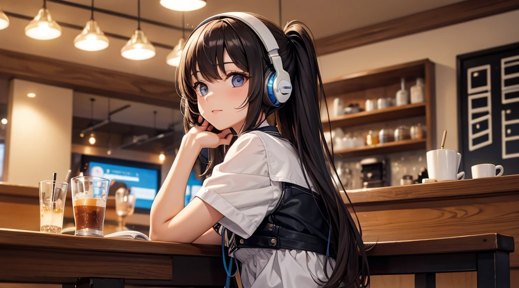 Girl with headphones enjoying music in a cafe I am studying Emphasize a little bit of the chest