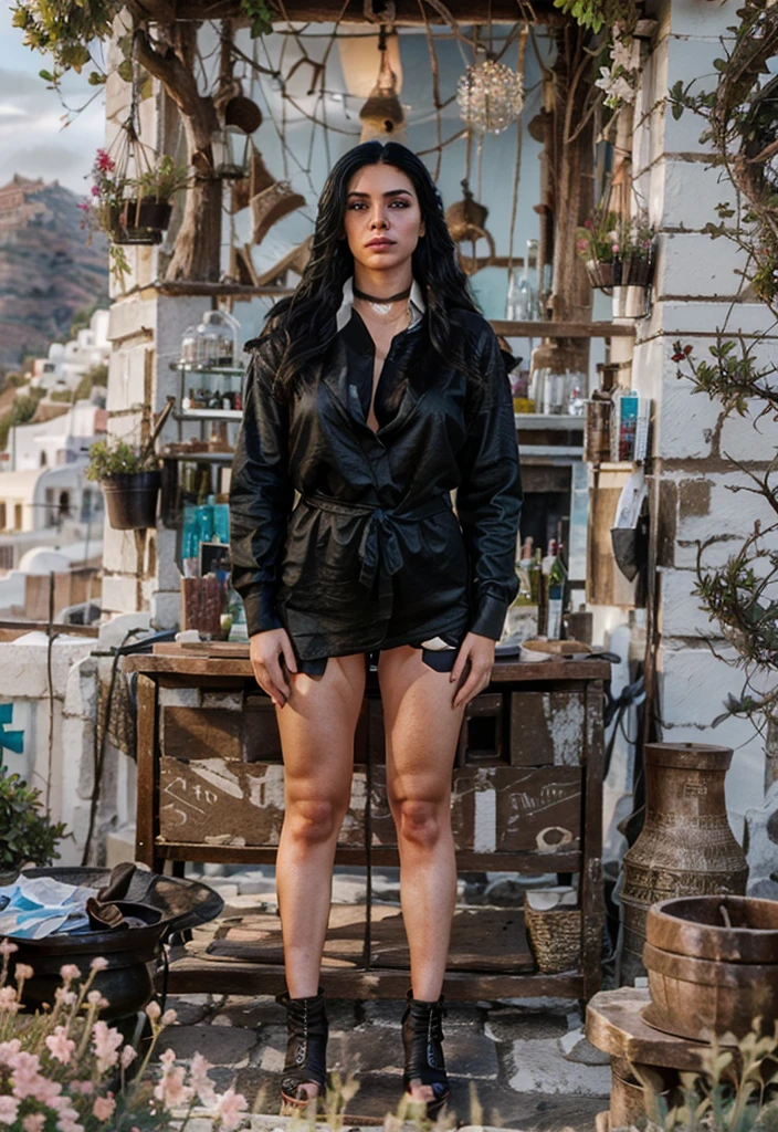 Yennefer, full body, long_hair, amazing hair, gorgeous, city girl, cleavage, western, flower_dress, hot girl, santorini, greece, looking at sunset, makeup, (masterpiece), best quality, high resolution, extremely detailed, blurred background, depth of field, cinematic lighting.