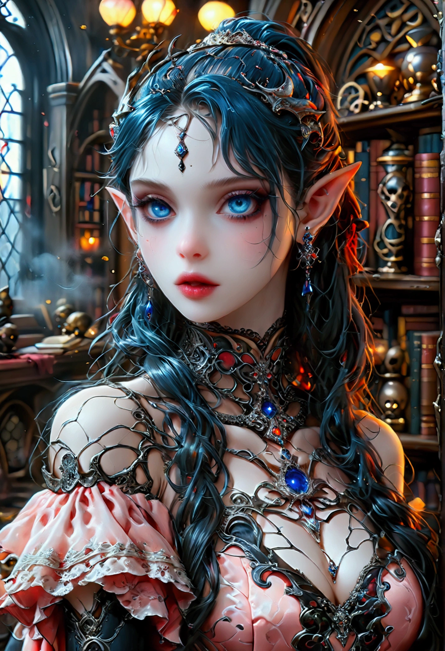 arafed a picture of elf vampire in her castle. an exquisite beautiful, busty, female elf vampire (ultra details, Masterpiece, best quality), full body, ((anatomically correct: 1.5) bloody mouth, black and blue hair, pale skin, hair in a ponytail, long hair, blue eyes, (small pointed ears: 1.2), cold eyes, smirking, wearing pink dress (ultra details, Masterpiece, best quality), red cloak, wearing high heels, in dark fantasy library, book shelves, vibrant, Ultra-high resolution, High Contrast, (masterpiece:1.5), highest quality, Best aesthetics), best details, best quality, highres, ultra wide angle, 16k, [ultra detailed], masterpiece, best quality, (extremely detailed) RAW, dark fantasy art, gothic art, wearing Haute_Couture designer dress, Dark Novel, Dark Art Painting Style, dripping blood, hud_s1n, short black dress, long sleeves, veil, thighhighs, digital painting, RaygunGothicStyleAI