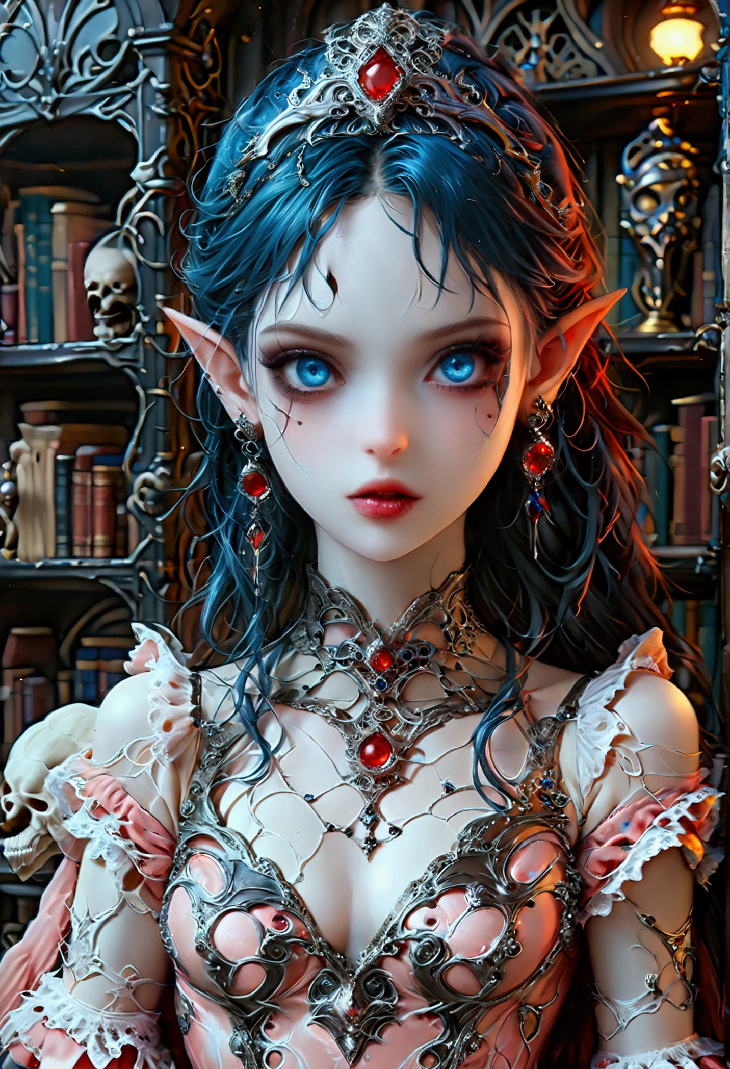 arafed a picture of elf vampire in her castle. an exquisite beautiful, busty, female elf vampire (ultra details, Masterpiece, best quality), full body, ((anatomically correct: 1.5) bloody mouth, black and blue hair, pale skin, hair in a ponytail, long hair, blue eyes, (small pointed ears: 1.2), cold eyes, smirking, wearing pink dress (ultra details, Masterpiece, best quality), red cloak, wearing high heels, in dark fantasy library, book shelves, vibrant, Ultra-high resolution, High Contrast, (masterpiece:1.5), highest quality, Best aesthetics), best details, best quality, highres, ultra wide angle, 16k, [ultra detailed], masterpiece, best quality, (extremely detailed) RAW, dark fantasy art, gothic art, wearing Haute_Couture designer dress, Dark Novel, Dark Art Painting Style, dripping blood, hud_s1n, short black dress, long sleeves, veil, thighhighs, digital painting, RaygunGothicStyleAI