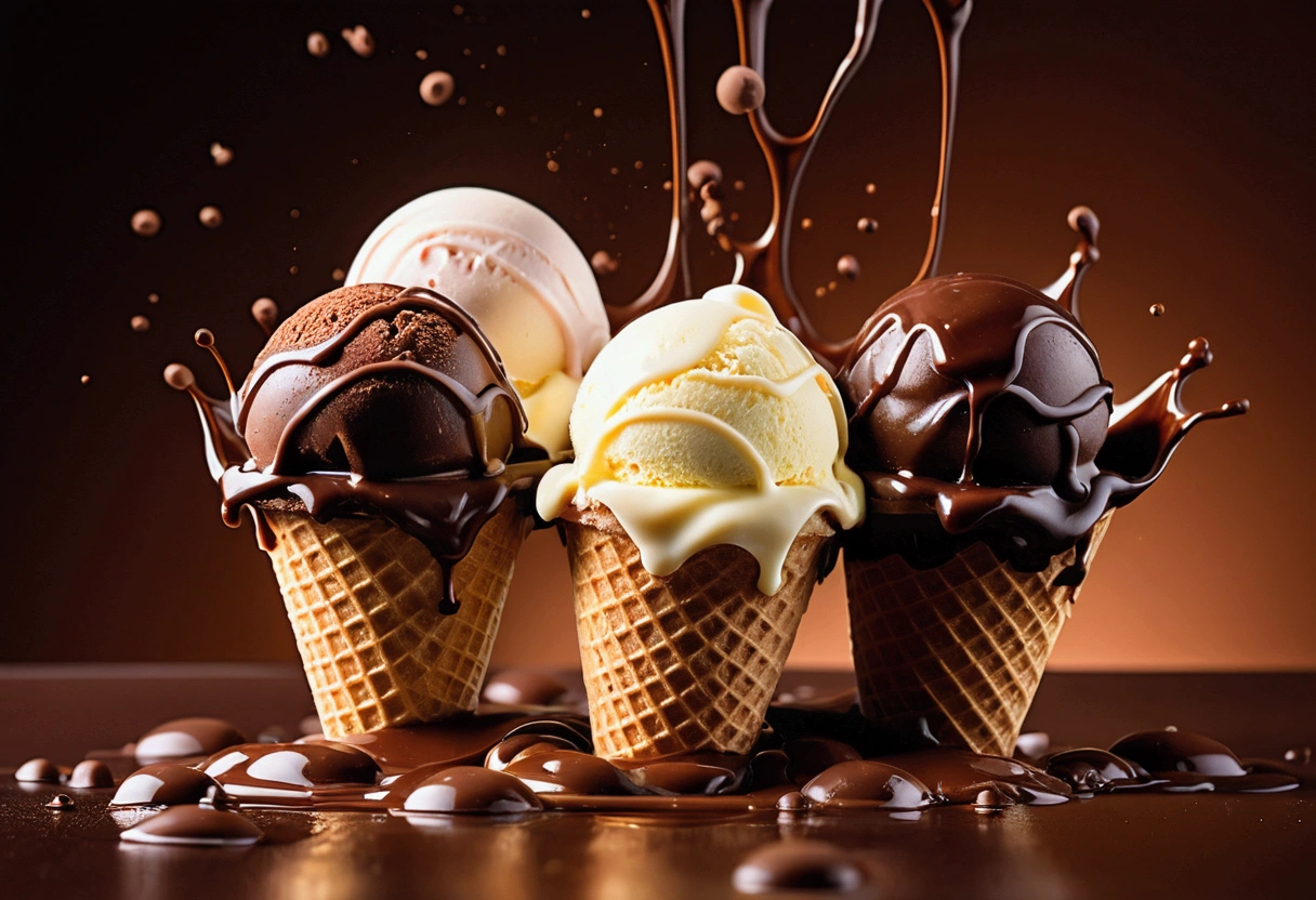 a picture of ice cream falling into chocolate, chocolate and vanilla splashing in the elegant luxury color background like in a commercial, everything in focus
