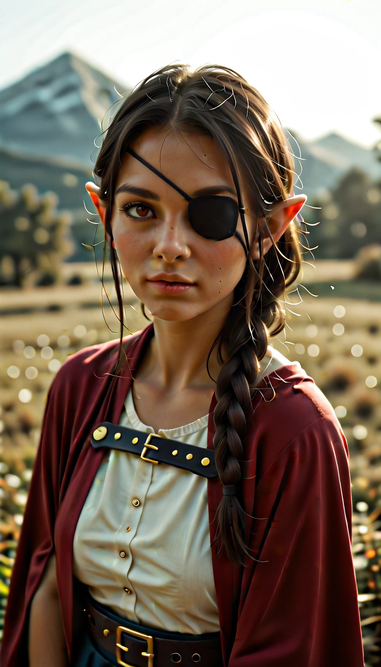 (zPDXL2), score_9, score_8_up, score_7_up, source_anime, 2d, 

1woman, ((upper body)), (Caucasian skin_complexion:1.4),mature, looking at the viewer, taned skin, tall, beautiful, long elf ears, long hair, braided ponytail, orange hair, diamond shaped eyes, (wearing eye patch:1.5), red eye, (dark_eyeliner), long_eyelashes medium_bust, wearing gladiator armor, red cape, long fingerless_gloves, belts, making fist, black thigh highs with embroidery, knee boots, dynamic lighting casts detailed shadows, on a grass grassy hill, mountains in the distance,

AissistXLv2, unaestheticXL_bp5, SimplePositiveXLv2, zPDXL2 PonyXLV6_Scores