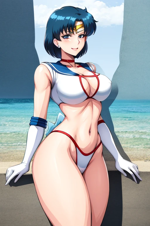 masterpiece, best quality, beautiful art, high resolution, well formed hands, body and fingers, 1 woman, solo, Sailor Mercury, sailor collar, elbow gloves, earrings, blue makeup, sailor senshi uniform, full body picture, grown up, adult, large and rounded breasted, cleavage, hair ornament, wearing a Tyris Flare outfit , white_bikini, full body, sexy and skimpy bikini, gorgeous hips, legs and thighs bouncing breasts, dancing seductively and erotically, turning backwards and forwards, bikini thong, shaking her body alluringly, smiling joyfully, looking at the viewer, sweating , flirting, beach environment