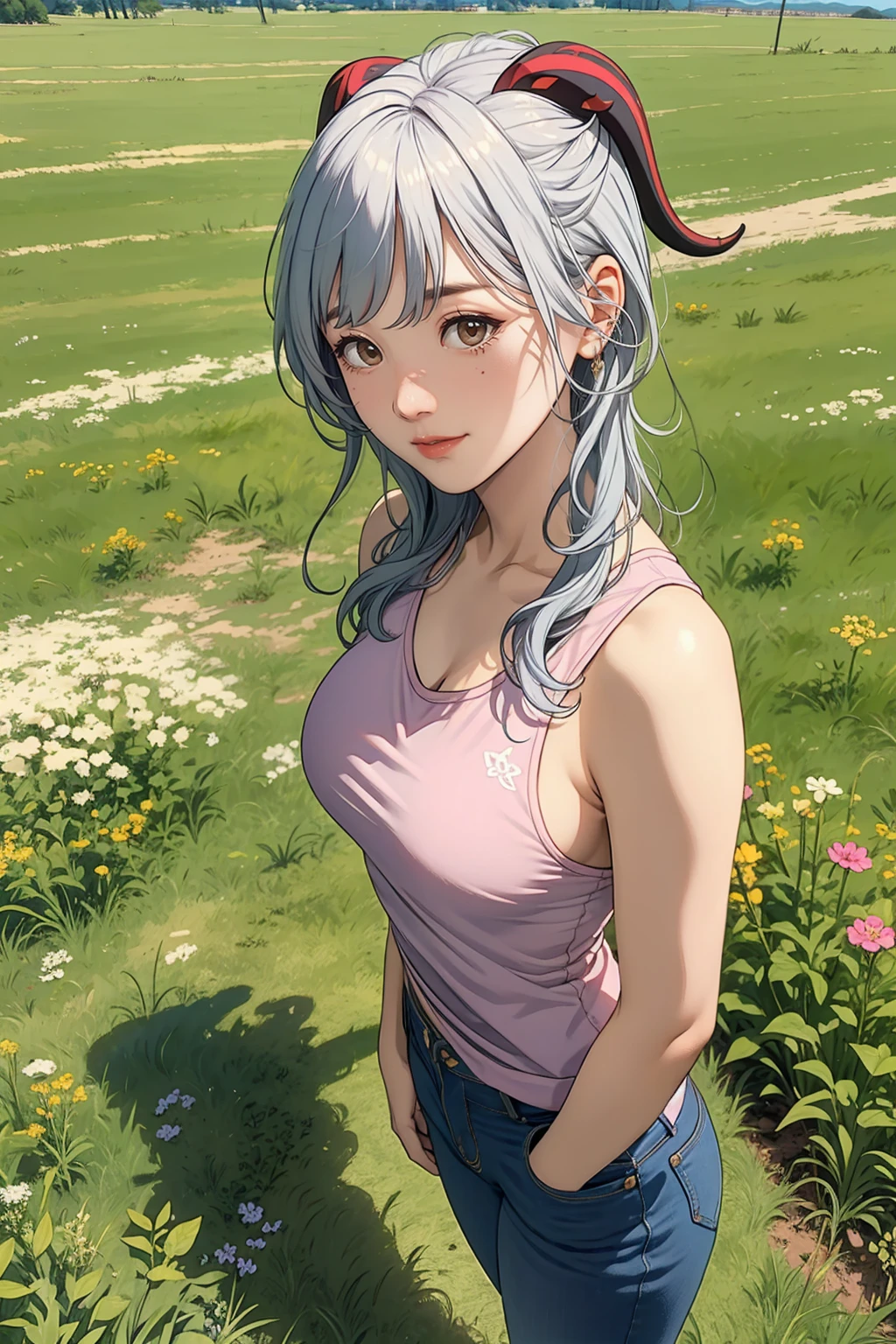 a beautiful woman with long silver white hair((ganyu genshin impact)), big breasts, wearing a pink tank top and skinny jeans, front view, smiling, standing in an open grassy field with a clear sky, View from below, fullbody shot, long shot,