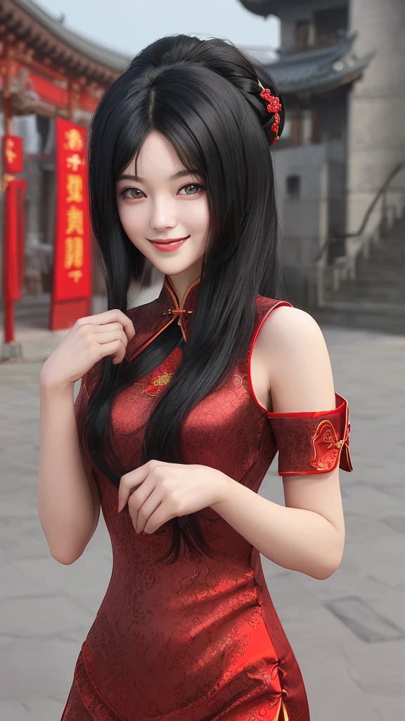 Beautiful face like an actress　smile　China dress　Black hair inner red　