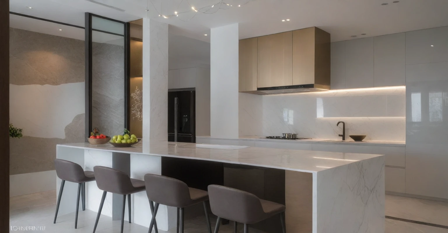 Raw photo,Masterpiece, high quality, best quality, authentic, super detail, indoors, interior ,(( dining room : 1.3)), modern style, daylight, (WHITE WALL), (((the right corridor ))), marble counter top and island
