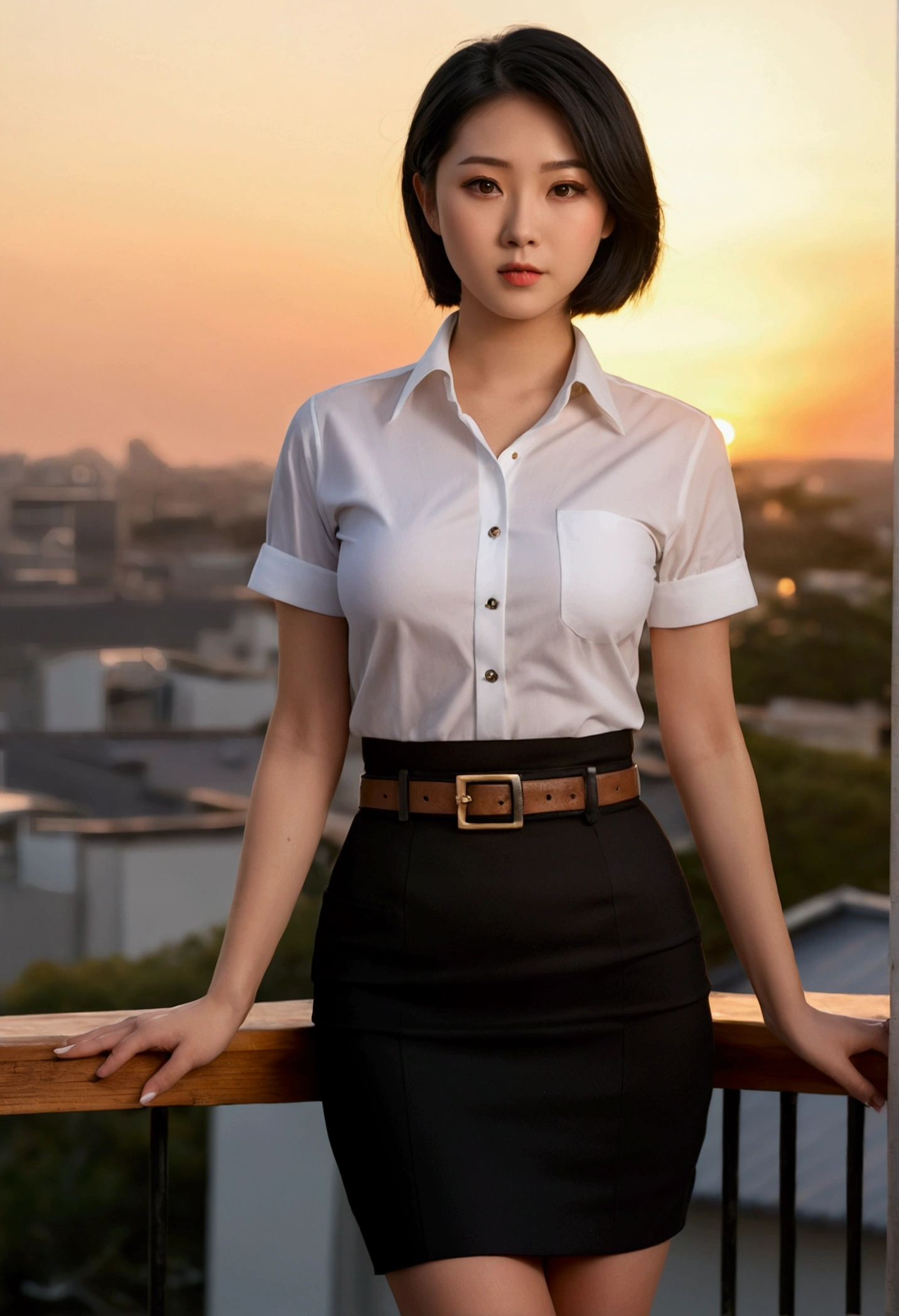 (8ก, best quality, Masterpiece, very high:1.2) Photo of a beautiful Japanese girl, Beautiful and charming with contemporary fashion drawings as well., looking at the audience, ((sunset background)), (1 girl), (White short sleeve shirt), ((black pencil skirt)), belt, ((Put your hands down.)),black hair, medium hair, High angle view of a beautiful woman, Realistic skin texture, look up, (Nudity), round chin, Art lens 85mm, F 1. 2, Sharp focus, High resolution 8K, Crazy details, complicated, elegant, big breasts, dynamic gesture, big breasts,