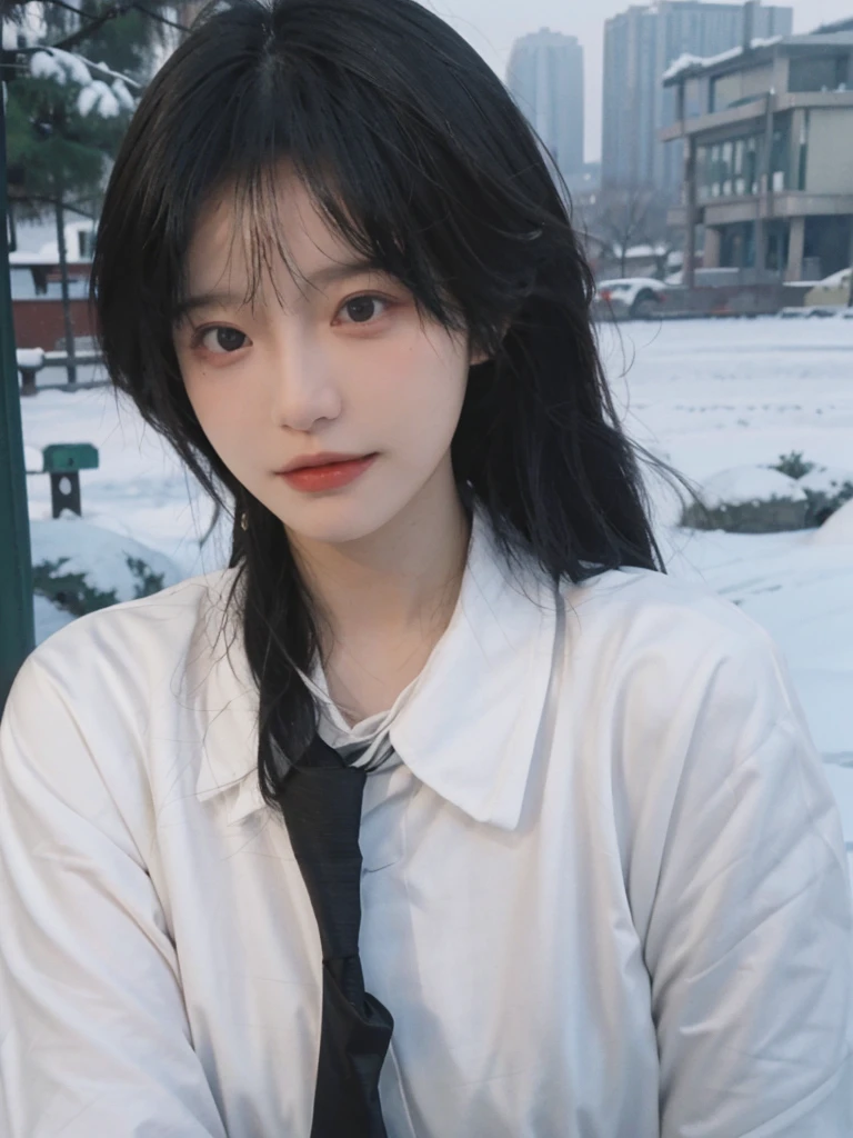 Best quality,masterpiece,Ultra-high resolution,snow,16K,Snow background,(Photo Realism:1.4),1 Girl,JK,y,(Shirt and Tie:1.2),(Big3),(Upper body:1.4)