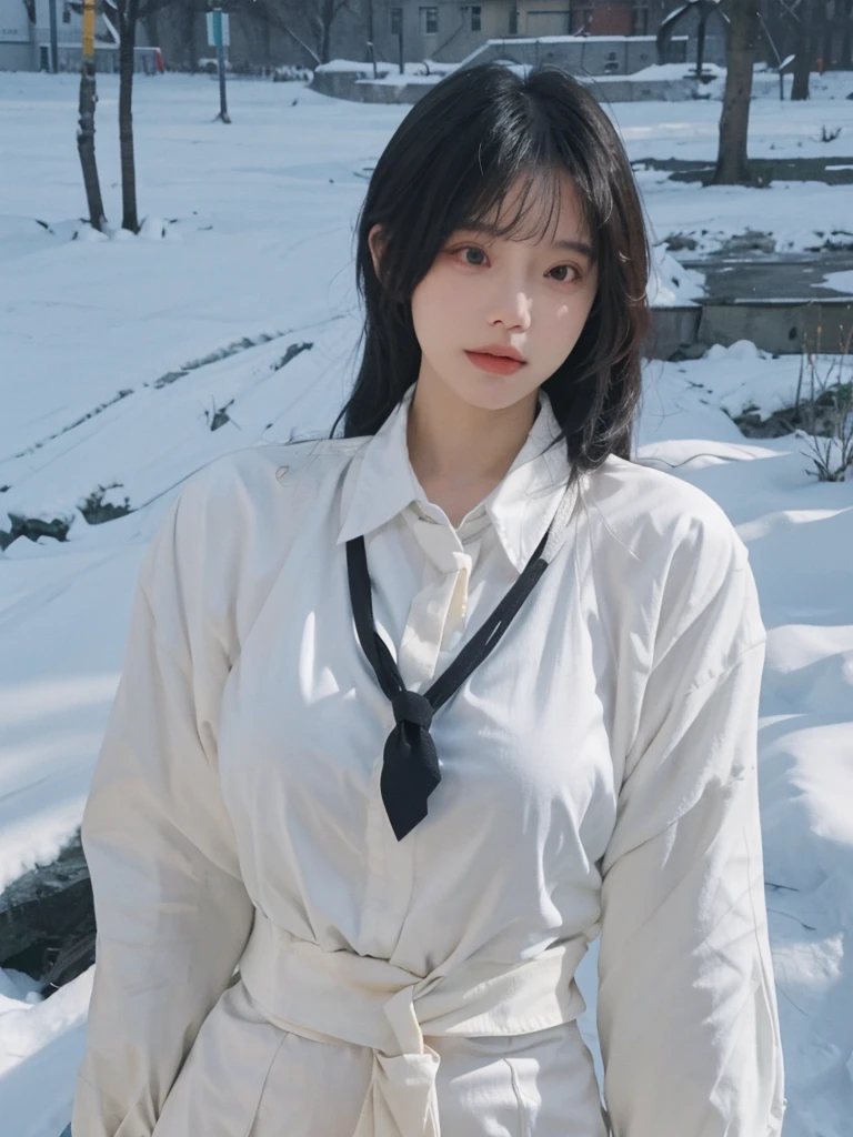 Best quality，masterpiece，Ultra-high resolution，snow，16K,Snow background，（Photo Realism：1.4),1 Girl，JK，Sexy，（Shirt and Tie：1.2),（Big breasts：2.3),（Upper body：1.4)