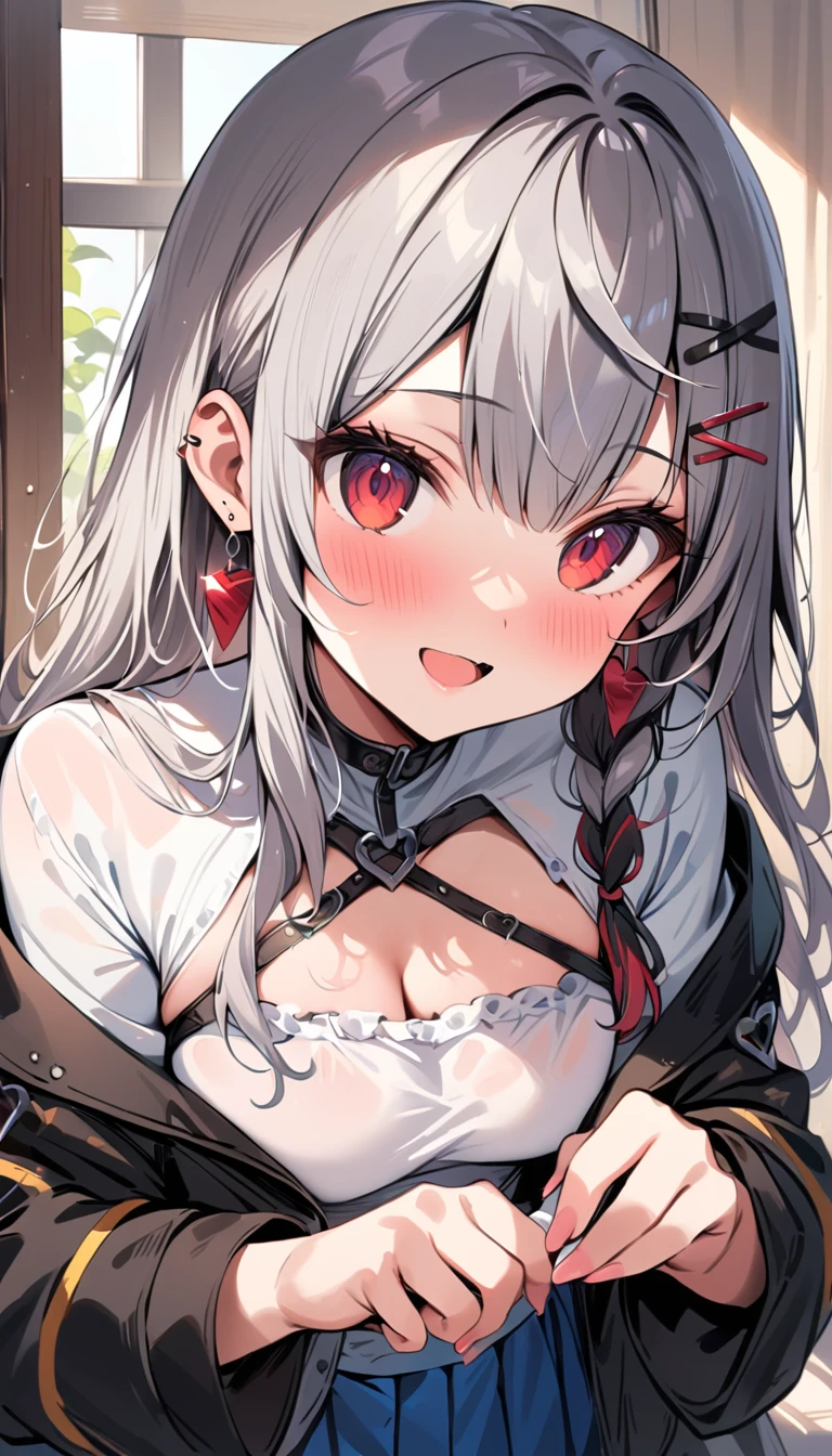 White shirt,blue skirt, Clarification , pleated skirt,Black Jacket , Seraphim, skirt,View your viewers,indoor, , One girl ,Red eyes, , Multicolored Hair, Grey Hair, Striped Hair, bandage, hair ornaments, smile, Black Hair, Clothing cutouts, Earrings, Braiding, tooth,Long Hair,masterpiece, High resolution, Octance 4K, Attention to detail