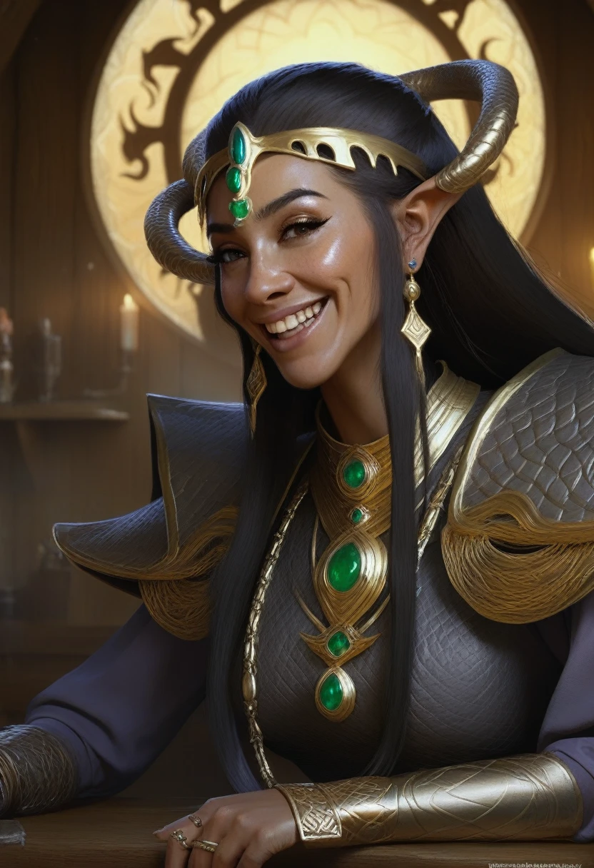 Best quality,Masterpiece,Masterpiece portrait,Complex details,Epic light,imaginary,Dungeons & The dragon's,Retro,a priest,Dark dwarf,1girl,Wooden table,pub,Gray skin,Elegant smile,squint,Close-up of a Mycenaean female wearing gold jewelry, Spiders:0.9, networks:1.0, imaginary, Volumetric lighting, Concept art, Brush stroke style, featuring.artstation, Common, Very detailed, Art by Greg Rutkowski  