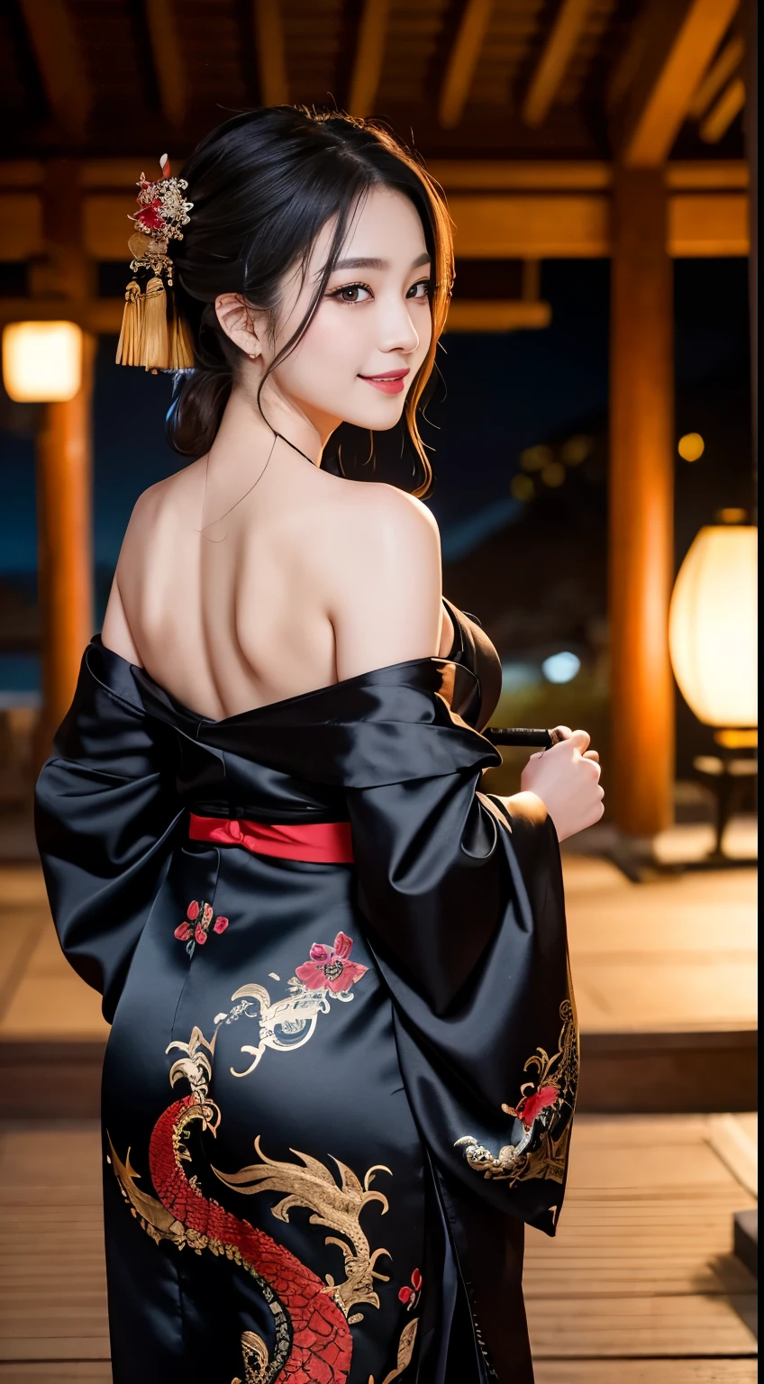 8K Ultra HD, Digital SLR,Film Grain, Fujifilm XT3,(Highest quality:1.3), (masterpiece:1.1), High resolution, Cinematic Light, Intricate details, (Realistic) (Night view) Realistic backlight、Dramatic reddish light、Beautiful Japanese Geisha full body photo, ((Facial texture Pore details)), Grin、Devilish smile, Simple messy hairstyle, She wears a black satin kimono decorated with traditional dragon motifs.., Open shoulders, Colorful dragon tattoos all over the body, Has a long blade, Long-bladed Japan sword in hand,Inside a traditional villa, 8k, Front blur