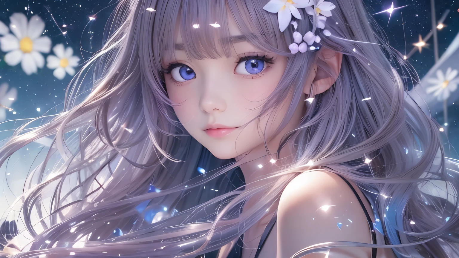 photograph、water、８age、high resolution、quality、Real masterpieces, Highest quality, Highly detailed shape,1 Girl,alone, Image body, flower, Looking at the audience、 Purple eyes, Jewel-like eyes, Very beautiful eyes, Highly detailed face、universe (null), constellation, Purple Energy、 meteor、Shiny, straight, long hair down to the waist, Beautiful shiny bangs、16ｋ、24ｋ、