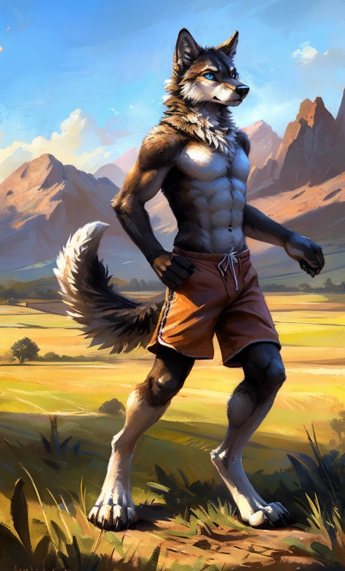((Solo)), male people, anthro wolf, (Multi-colored fur, White-brown:1.3,White tail pointed), (Height 2.1m,Tail length 1.2m), ((Wolf face, Big eyes, White eyelids, Blue pupil, Slim:1.2) (Tough, Calm expression:1.2)), Abs, Slim, pinging)), (Correct anatomy), (Work shorts:1.1), The upper body naked, (detailed outfits),A long big tail,Feet,(Realistic fur, Detailed fur texture, labeled:1.3)), (Natural lighting), Photorealistic, Hyperrealistic, ultradetailed, by Kenket,Field,erect through,Running on