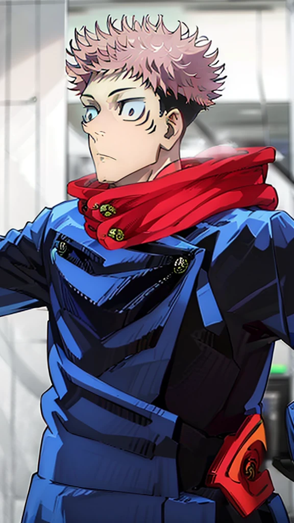 a male character named "ROYAMEN SUKUNA" in. "Jujutsu Kaisen" story series, has short, dry, pink hair, is dressed in a black hoodie with a red hoodie, has a tattoo on the face that resembles black abstract lines, and a curved tattoo on the wrist down to the chin with 4K HDR photo resolution, ANIME ,
