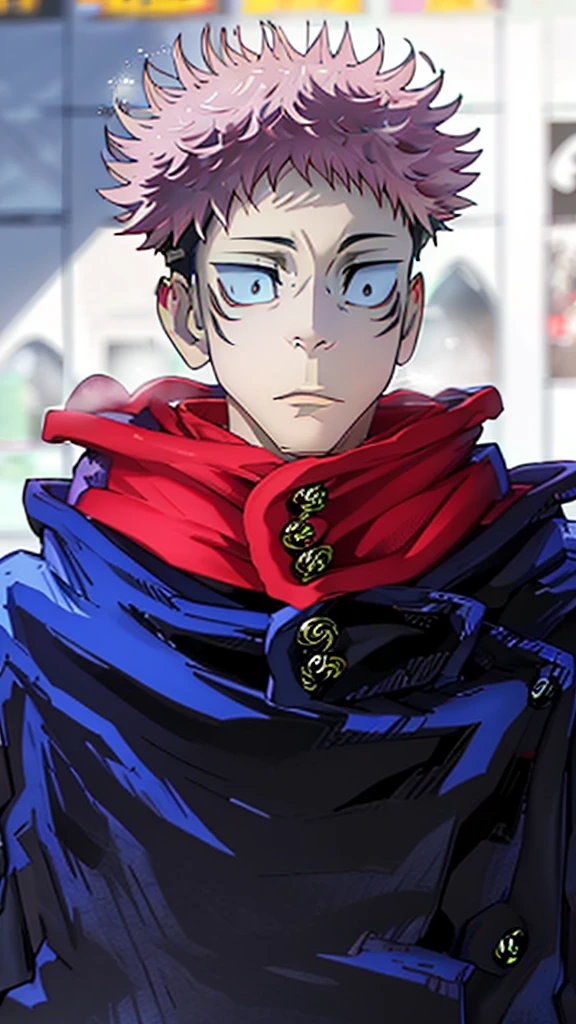 a male character named "ROYAMEN SUKUNA" in. "Jujutsu Kaisen" story series, has short, dry, pink hair, is dressed in a black hoodie with a red hoodie, has a tattoo on the face that resembles black abstract lines, and a curved tattoo on the wrist down to the chin with 4K HDR photo resolution, ANIME ,