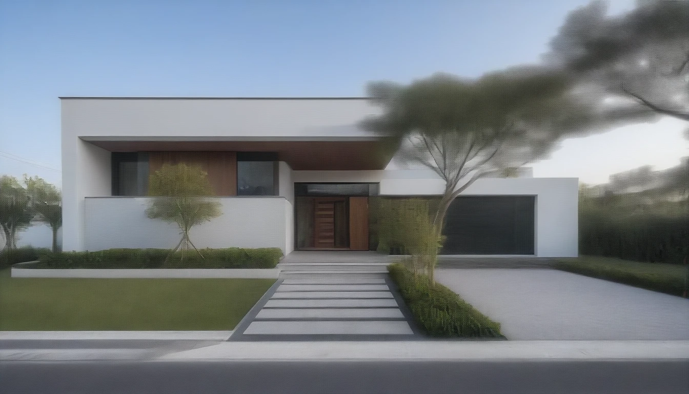 CRU photo,work of art, high qualiy, best qualityer, authentic, super detaill, plein-air, front-facing, single storey villaXL, aiai group, modern house style on the street, front house, visão front-facing, staircase, white wall road, pavement, gram, Trees, sky, nube, (Day Light:1.1)