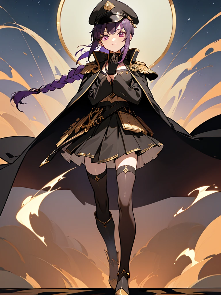 realisitic, City Deserted, Pile of rubble, Brick building, a one woman (18 years old, far away blackw hair, far away slits, Eyes red, glare eyes, 精致的面容, standing (In floor, feet shoulder-width apart), Lolita style military uniform (blackw base, Red Insert, golden decoration, volantes, wide sleeves, dainty and delicate detailing armors), blackw far away gloves (blackw, Red Insert, golden decoration, small hands, armors), blackw far away gloves, knee high boots (blackw, high-heels, red soles), ha (blackw, aba dourada, shield emblem, delicate details), arms in front, Front of belly, Holding military swords with both hands (blackw, golden decoration, delicate detail, Handle at the top, Ground-facing blade, in front of the body, far away), night sky (blackw, stele, Increased flames and smoke) Pale painting style, One Girl, super high quality, Super Detail, Super Detailed image, long hair, looking at viewer, skirt, shirt, hair ornament, violet eyes, gloves, round glasses, long sleeves, hat, closed mouth, jacket, violet hair, braid, open clothes, necktie, black gloves, black skirt, uniform, single braid, open jacket, black jacket, black headwear, 手链, peaked cap, black necktie, cropped jacket, military hat, pantyhose, Flat Chest, smile, Black Cape