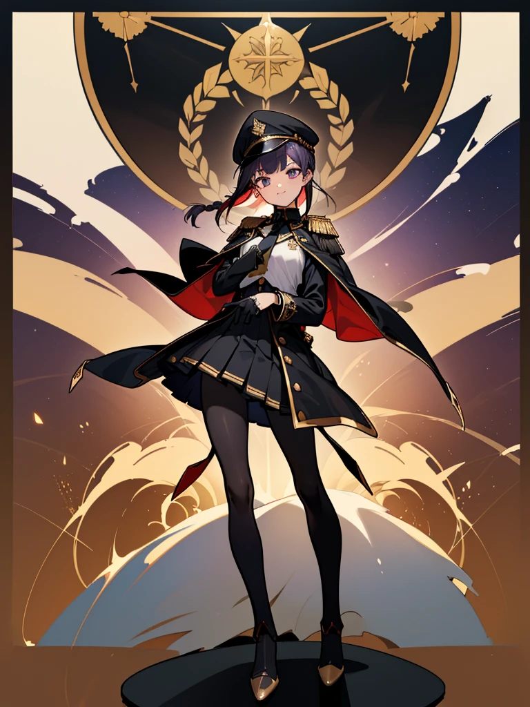 realisitic, City Deserted, Pile of rubble, Brick building, a one woman (18 years old, far away blackw hair, far away slits, Eyes red, glare eyes, 精致的面容, standing (In floor, feet shoulder-width apart), Lolita style military uniform (blackw base, Red Insert, golden decoration, volantes, wide sleeves, dainty and delicate detailing armors), blackw far away gloves (blackw, Red Insert, golden decoration, small hands, armors), blackw far away gloves, knee high boots (blackw, high-heels, red soles), ha (blackw, aba dourada, shield emblem, delicate details), arms in front, Front of belly, Holding military swords with both hands (blackw, golden decoration, delicate detail, Handle at the top, Ground-facing blade, in front of the body, far away), night sky (blackw, stele, Increased flames and smoke) Pale painting style, One Girl, super high quality, Super Detail, Super Detailed image, long hair, looking at viewer, skirt, shirt, hair ornament, violet eyes, gloves, round glasses, long sleeves, hat, closed mouth, jacket, violet hair, braid, open clothes, necktie, black gloves, black skirt, uniform, single braid, open jacket, black jacket, black headwear, 手链, peaked cap, black necktie, cropped jacket, military hat, pantyhose, Flat Chest, smile, Black Cape