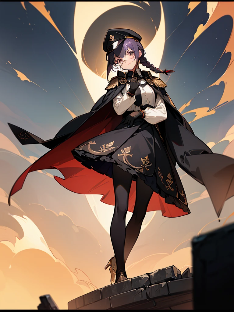 realisitic, City Deserted, Pile of rubble, Brick building, a one woman (18 years old, far away blackw hair, far away slits, Eyes red, glare eyes, 精致的面容, standing (In floor, feet shoulder-width apart), Lolita style military uniform (blackw base, Red Insert, golden decoration, volantes, wide sleeves, dainty and delicate detailing armors), blackw far away gloves (blackw, Red Insert, golden decoration, small hands, armors), blackw far away gloves, knee high boots (blackw, high-heels, red soles), ha (blackw, aba dourada, shield emblem, delicate details), arms in front, Front of belly, Holding military swords with both hands (blackw, golden decoration, delicate detail, Handle at the top, Ground-facing blade, in front of the body, far away), night sky (blackw, stele, Increased flames and smoke) Pale painting style, One Girl, super high quality, Super Detail, Super Detailed image, long hair, looking at viewer, skirt, shirt, hair ornament, violet eyes, gloves, round glasses, long sleeves, hat, closed mouth, jacket, violet hair, braid, open clothes, necktie, black gloves, black skirt, uniform, single braid, open jacket, black jacket, black headwear, 手链, peaked cap, black necktie, cropped jacket, military hat, pantyhose, Flat Chest, smile, Black Cape