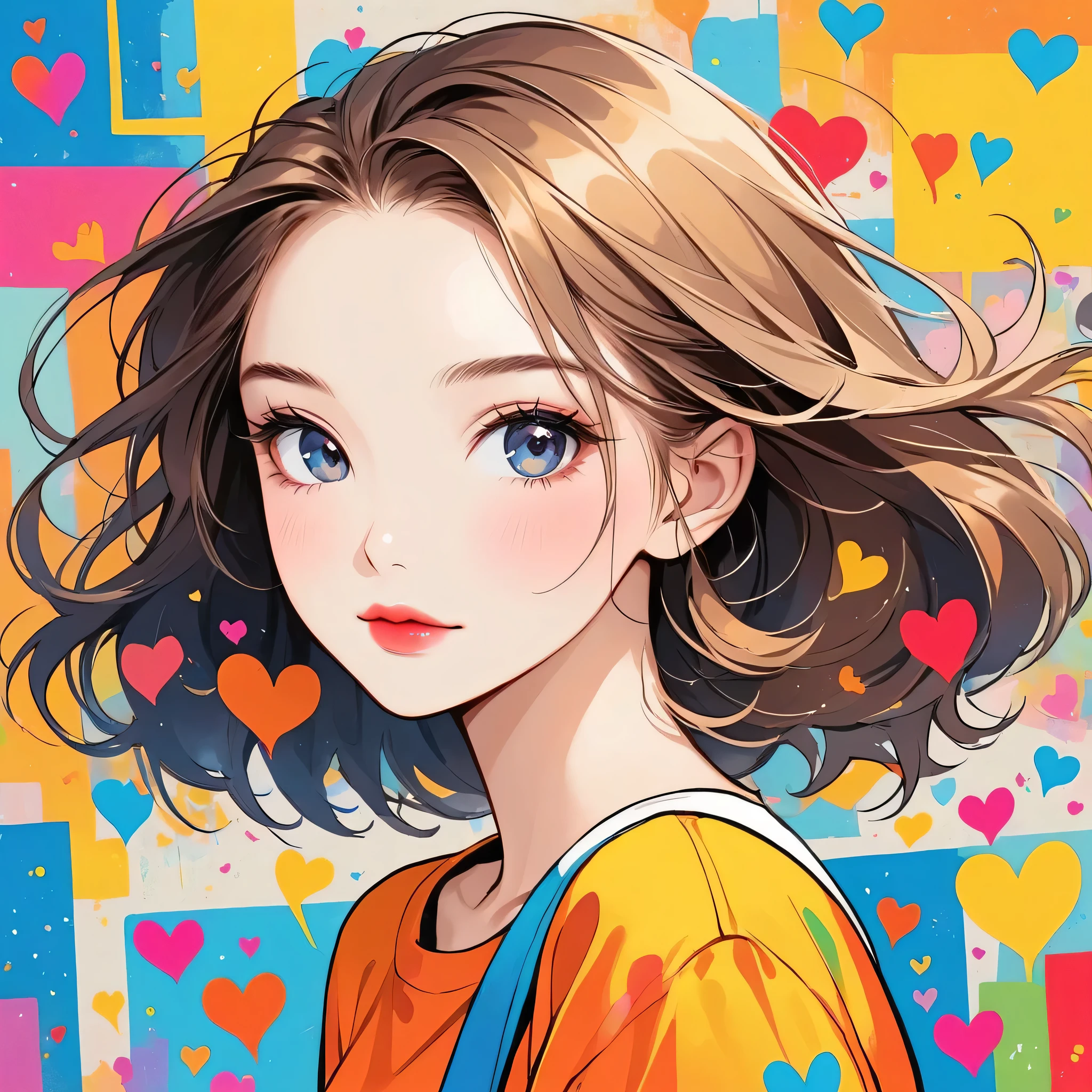 Keith Haring colorful style, Simple Line Initialism,Abstract art,Urban Background, (((The most beautiful girl of all time))), Sweet face. Lips in love, colorful hearts, stylish design