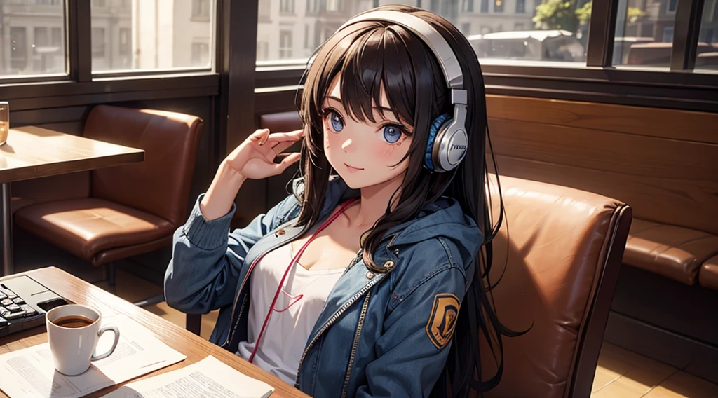 Girl with headphones enjoying music in a cafe I am studying Emphasize a little bit of the chest