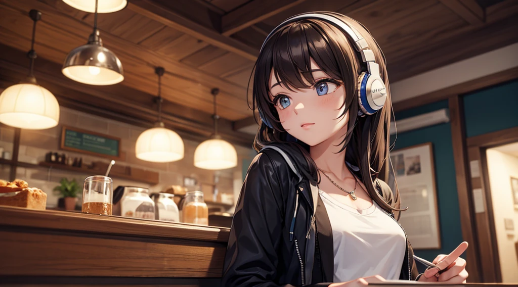 Girl with headphones enjoying music in a cafe I am studying Emphasize a little bit of the chest