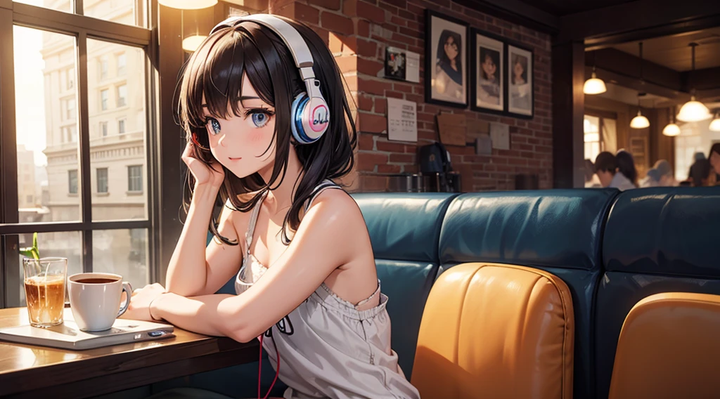 Girl with headphones enjoying music in a cafe I am studying Emphasize a little bit of the chest