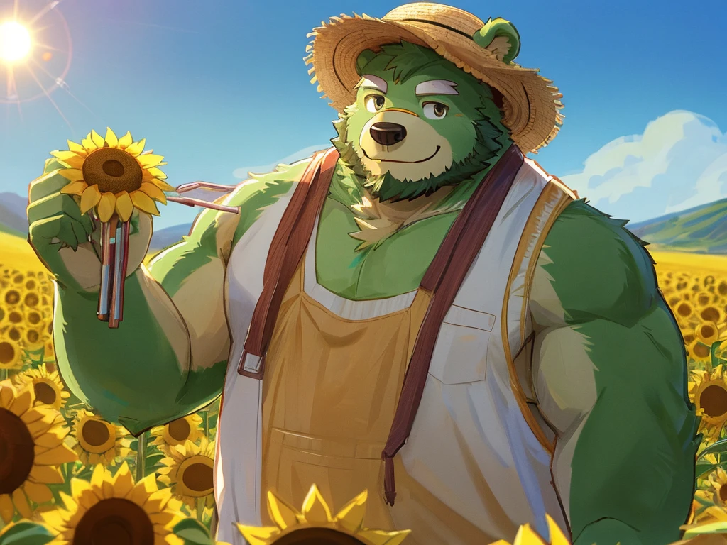 anthro, kemono, male, solo, (((green bear))), (((green fur))), green hair, beard, white eyebrows, mature, sketch drawing, hold a sunflower bouquet, in a sunflower field, smile, sunny day, sceenery, landscape, straw hat and casual summer clothes,