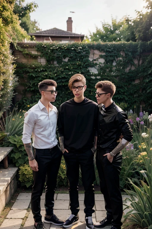 there 3 friends where first one glasses, comma hair, and 160cm. the second glasses, high fade hair, and 170cm. and last one no glasses, bieber hair and 172 cm. they are boys, 20 years old and they standing in garden. realistic picture.