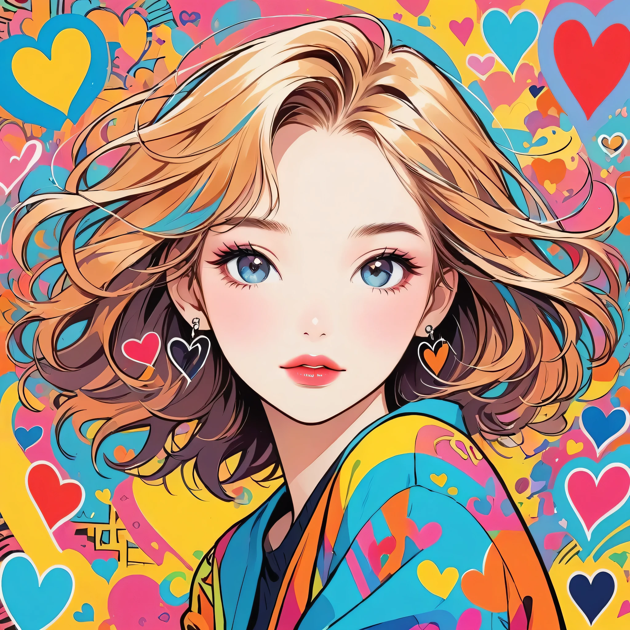 Keith Haring colorful style, Simple Line Initialism,Abstract art,Urban Background, (((The most beautiful girl of all time))), Sweet face. Lips in love, colorful hearts, stylish design