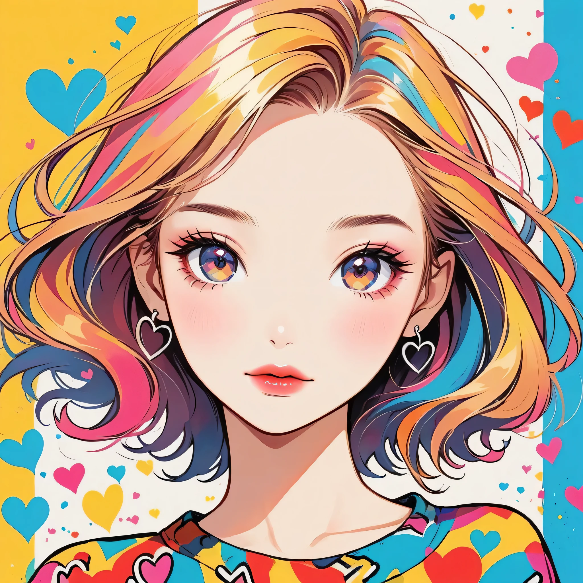 Keith Haring colorful style, Simple Line Initialism,Abstract art,Urban Background, (((The most beautiful girl of all time))), Sweet face. Lips in love, colorful hearts, stylish design