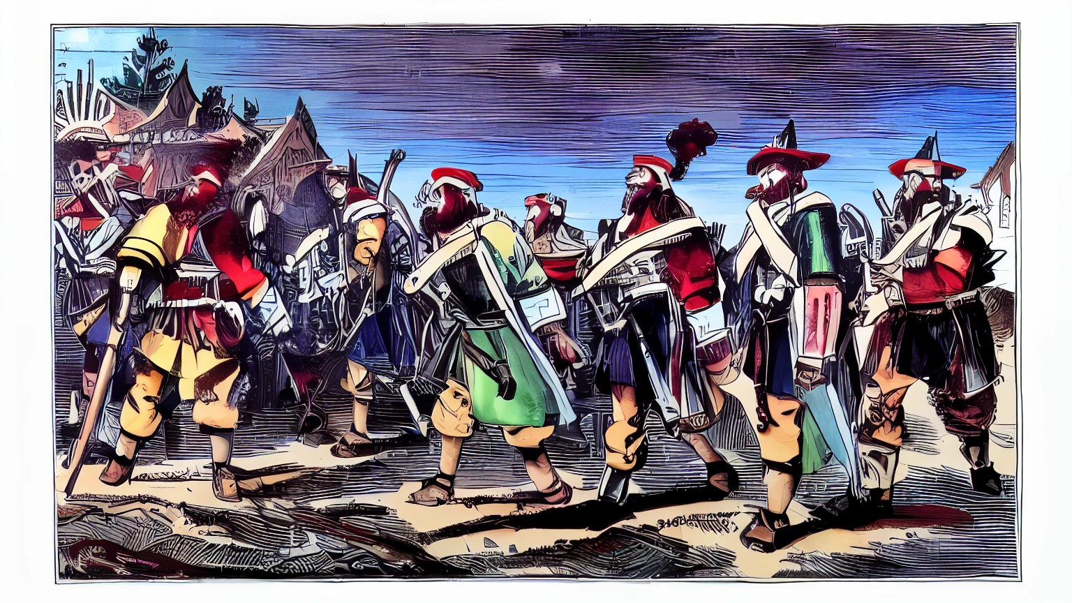 ((best quality)), ((masterpiece)), (detailed), A digital illustration of a group of villainous people in ancient attire entering an ancient town. The town is surrounded by walls and has a large castle in the background. The sky is dark and stormy, adding to the ominous atmosphere.