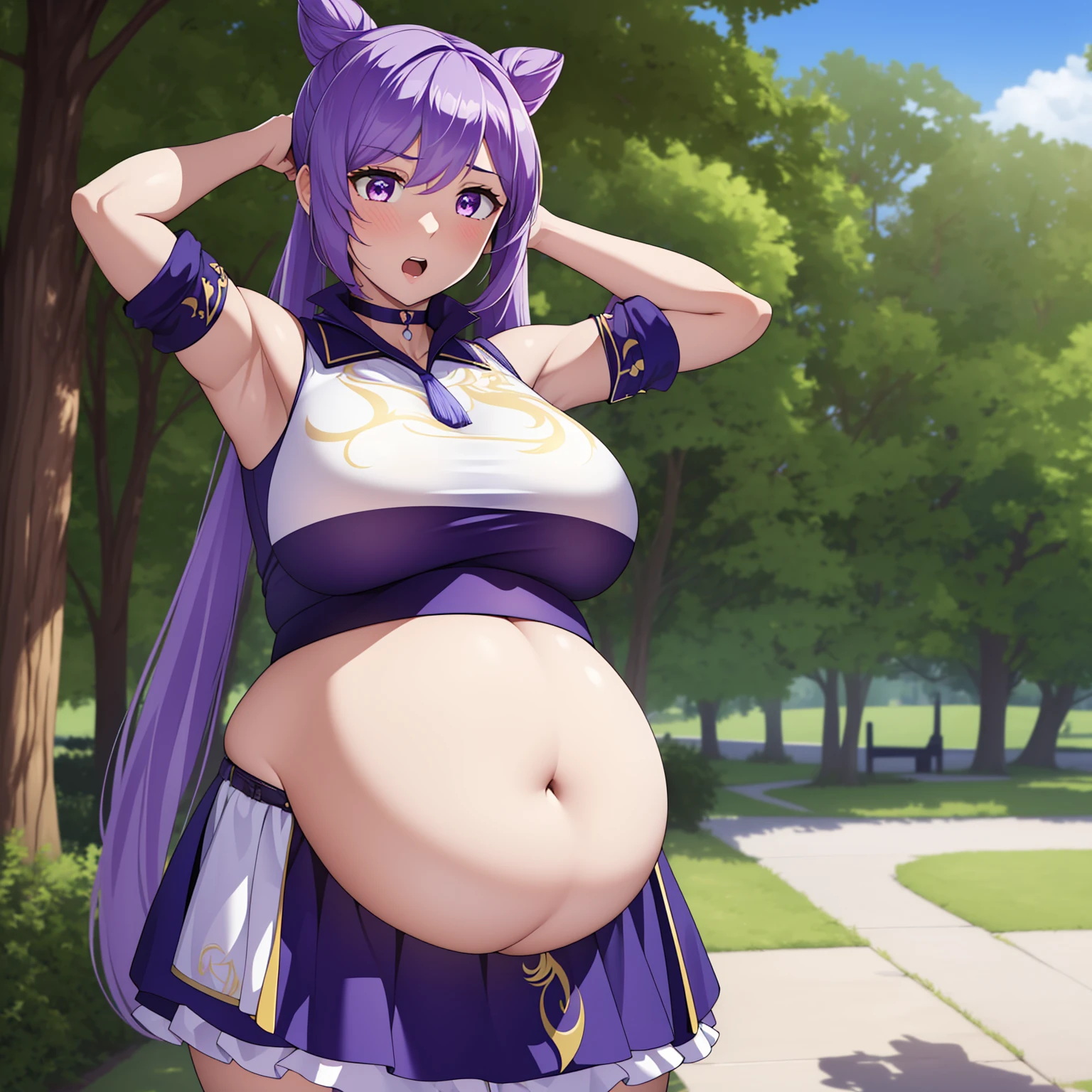 (best quality:1.2), 1girl, (masterpiece:1.2), (semi-realistic:1.2), raytracing, ultra detailed,detailed face, 8k wallpaper, wide hips, KeqingGenshin_NDV, 1girl, purple hair, large breasts, long hair, twintail, purple eyes, pantyhose, cone hair bun, double bun, choker, dress, detached sleeves, frills, outdoor, ((big belly), shocked, open mouth, (hands behind head:1.4), (solo:1.5)