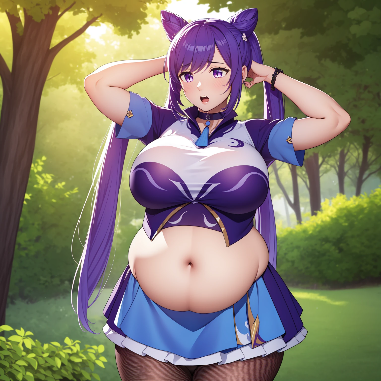 (best quality:1.2), 1girl, (masterpiece:1.2), (semi-realistic:1.2), raytracing, ultra detailed,detailed face, 8k wallpaper, wide hips, KeqingGenshin_NDV, 1girl, purple hair, large breasts, long hair, twintail, purple eyes, pantyhose, cone hair bun, double bun, choker, dress, detached sleeves, frills, outdoor, ((big belly), shocked, open mouth, (hands behind head:1.4), (solo:1.5)