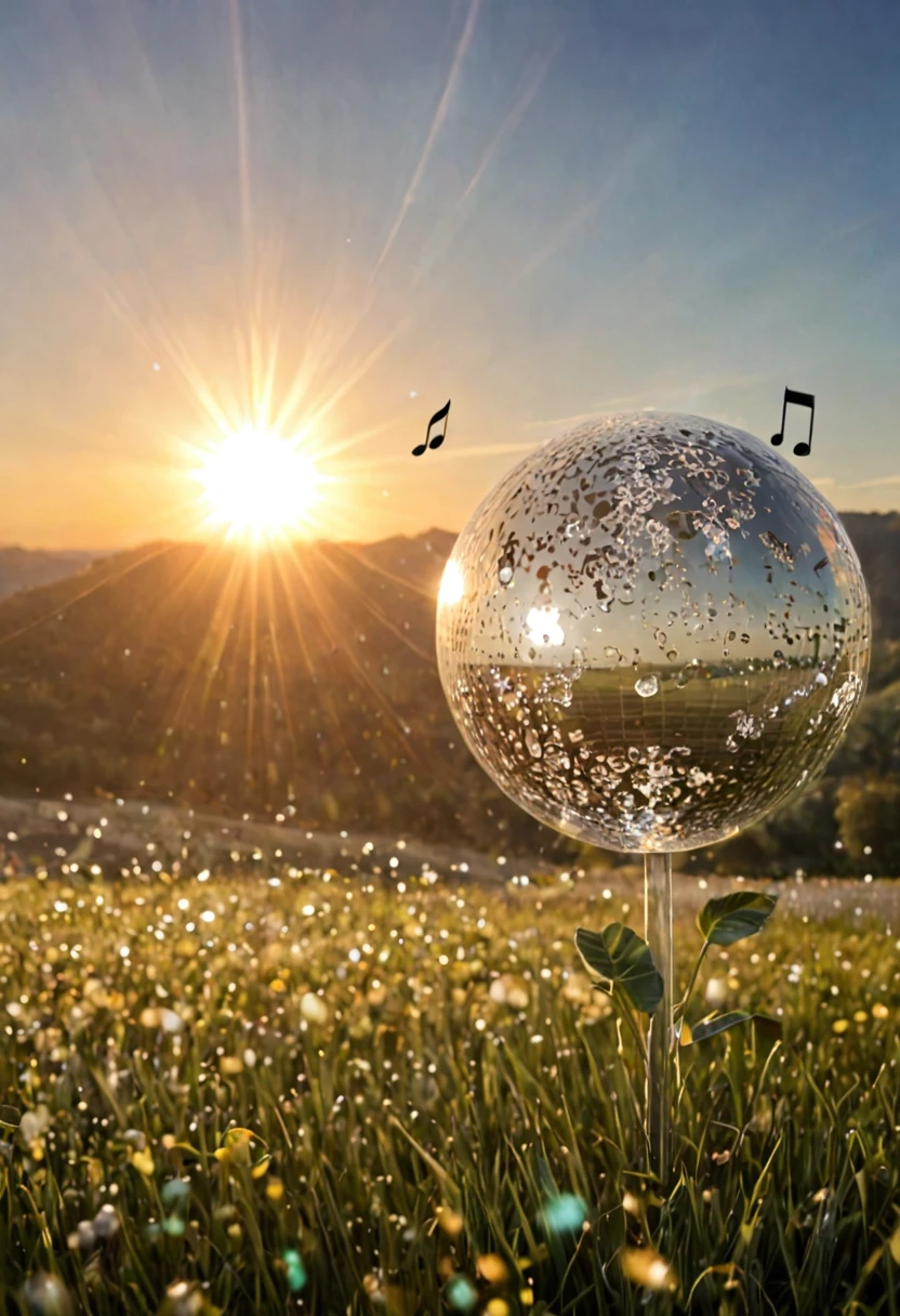 The woman's body has already half disintegrated into particles in the form of musical notes under the sun