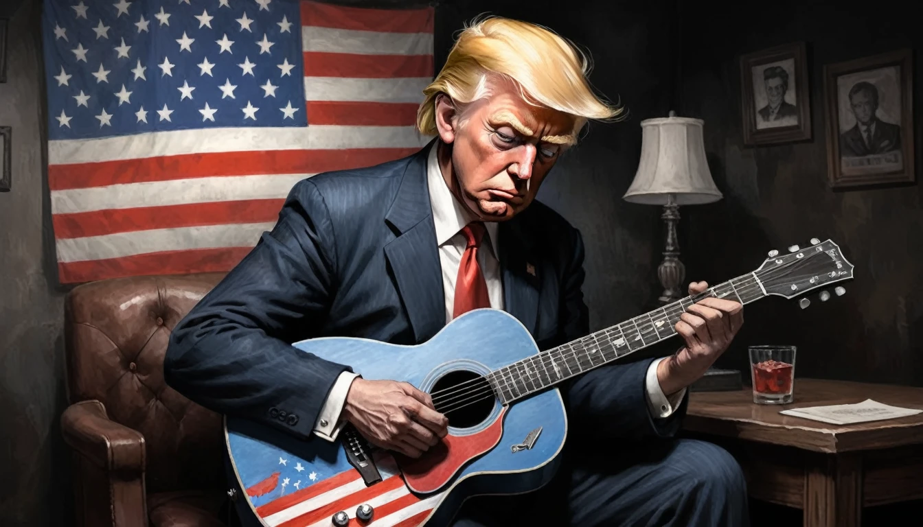 robert johnson, gritty, alabama bar, blue note, charismatic, illustration, noir fantasy, lone Donald Trump, sad ending, holding guitar, american flag