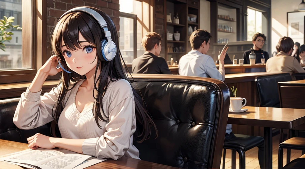 Girl with headphones enjoying music in a cafe　I am studying　Emphasize a little bit of the chest