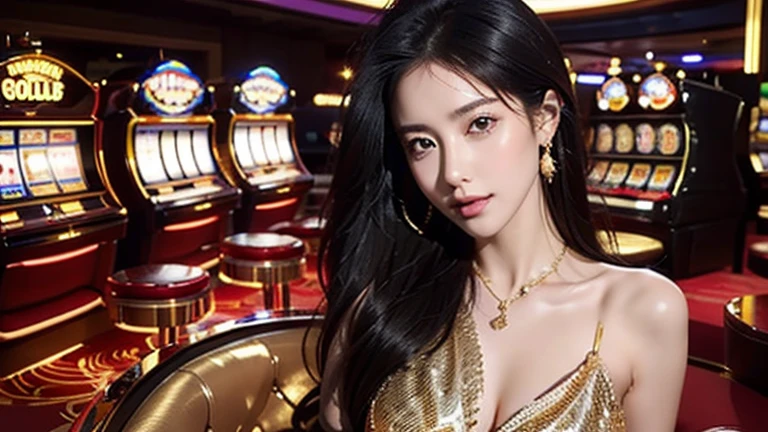 black hair, Surrealism, 8ก, Excellent details, UHD, Masterpiece, correct, correctตามหลักกายวิภาคศาสตร์, textured skin, Excellent details, Highly detailed, High quality, best quality, 8ก，beautiful woman，(golden dress:1.5)，shiny clothes，princess，(random background,In casinos,VIP casino room, Modern Casino Console, Modern Slot Machines )