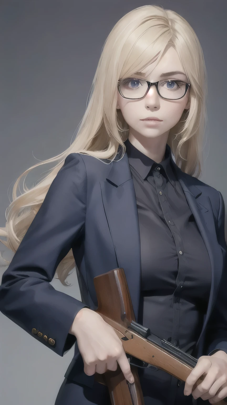 Portrait of a beautiful woman holding a shotgun,alone,20-year-old,Beautiful Face,Upper Body,Hair on one eye,Medium Sidecut, Blonde, Sharp focus,Black business suit,Glasses