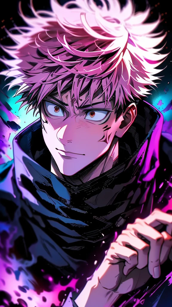 a male character named "ROYAMEN SUKUNA" in. "Jujutsu Kaisen" story series, has short, dry, pink hair, is dressed in a black hoodie with a red hoodie, has a tattoo on the face that resembles black abstract lines, and a curved tattoo on the wrist down to the chin with 4K HDR photo resolution, ANIME ,