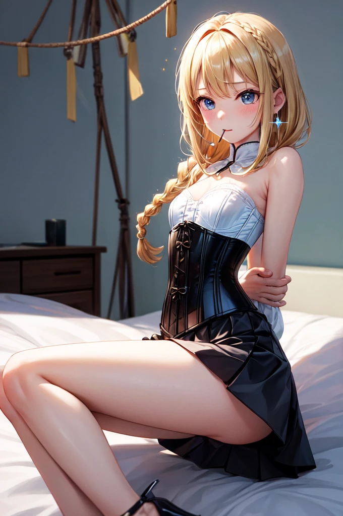 (High resolution, 8K, very detailed, beautiful detail eyes, best quality and masterpiece), detailed face, solo, 1 girl, white wavy hair on chair, heterochromic eyes, small moles under the eyes, short skirt, big breasts, long legs, tightened abs, (camel toe), sitting position