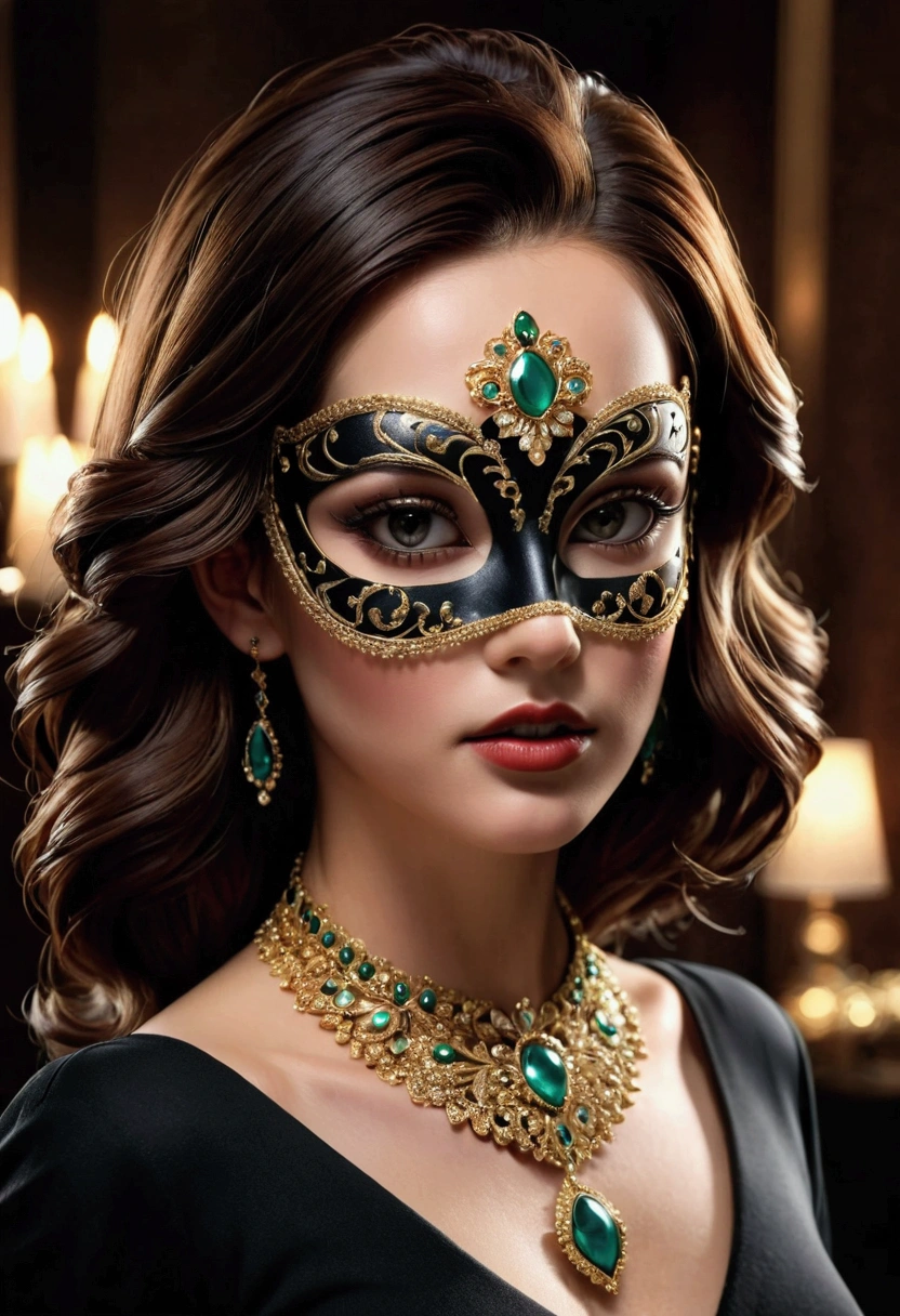 A beautiful woman with mask, two pure diabetics, densely durable, necklace and stylishly jewelry, (the best quality, 4K, 8k, highlights, masterpiece: 1.2), very detailed, (realistic, realistic, realistic pictures: 1.37), 1 girl, beautiful detailed eyes, beautiful, free, fluorides, black felt, hair flexible, high quality, hairdressers, dark hair, dark, lighting, lighting, high quality film, highlighting, high-end filming, style of sound, style of vogue, dark colors, mask colors, gums, rich colors,