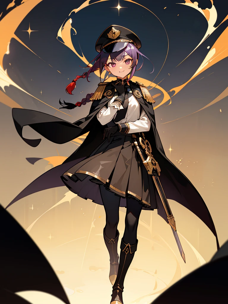 realisitic, City Deserted, Pile of rubble, Brick building, a one woman (18 years old, far away blackw hair, far away slits, Eyes red, glare eyes, 精致的面容, standing (In floor, feet shoulder-width apart), Lolita style military uniform (blackw base, Red Insert, golden decoration, volantes, wide sleeves, dainty and delicate detailing armors), blackw far away gloves (blackw, Red Insert, golden decoration, small hands, armors), blackw far away gloves, knee high boots (blackw, high-heels, red soles), ha (blackw, aba dourada, shield emblem, delicate details), arms in front, Front of belly, Holding military swords with both hands (blackw, golden decoration, delicate detail, Handle at the top, Ground-facing blade, in front of the body, far away), night sky (blackw, stele, Increased flames and smoke) Pale painting style, One Girl, super high quality, Super Detail, Super Detailed image, long hair, looking at viewer, skirt, shirt, hair ornament, violet eyes, gloves, round glasses, long sleeves, hat, closed mouth, jacket, violet hair, braid, open clothes, necktie, black gloves, black skirt, uniform, single braid, open jacket, black jacket, black headwear, 手链, peaked cap, black necktie, cropped jacket, military hat, pantyhose, Flat Chest, smile, Black Cape