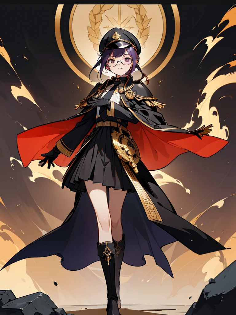 realisitic, City Deserted, Pile of rubble, Brick building, a one woman (18 years old, far away blackw hair, far away slits, Eyes red, glare eyes, 精致的面容, standing (In floor, feet shoulder-width apart), Lolita style military uniform (blackw base, Red Insert, golden decoration, volantes, wide sleeves, dainty and delicate detailing armors), blackw far away gloves (blackw, Red Insert, golden decoration, small hands, armors), blackw far away gloves, knee high boots (blackw, high-heels, red soles), ha (blackw, aba dourada, shield emblem, delicate details), arms in front, Front of belly, Holding military swords with both hands (blackw, golden decoration, delicate detail, Handle at the top, Ground-facing blade, in front of the body, far away), night sky (blackw, stele, Increased flames and smoke) Pale painting style, One Girl, super high quality, Super Detail, Super Detailed image, long hair, looking at viewer, skirt, shirt, hair ornament, violet eyes, gloves, round glasses, long sleeves, hat, closed mouth, jacket, violet hair, braid, open clothes, necktie, black gloves, black skirt, uniform, single braid, open jacket, black jacket, black headwear, 手链, peaked cap, black necktie, cropped jacket, military hat, pantyhose, Flat Chest, smile, Black Cape