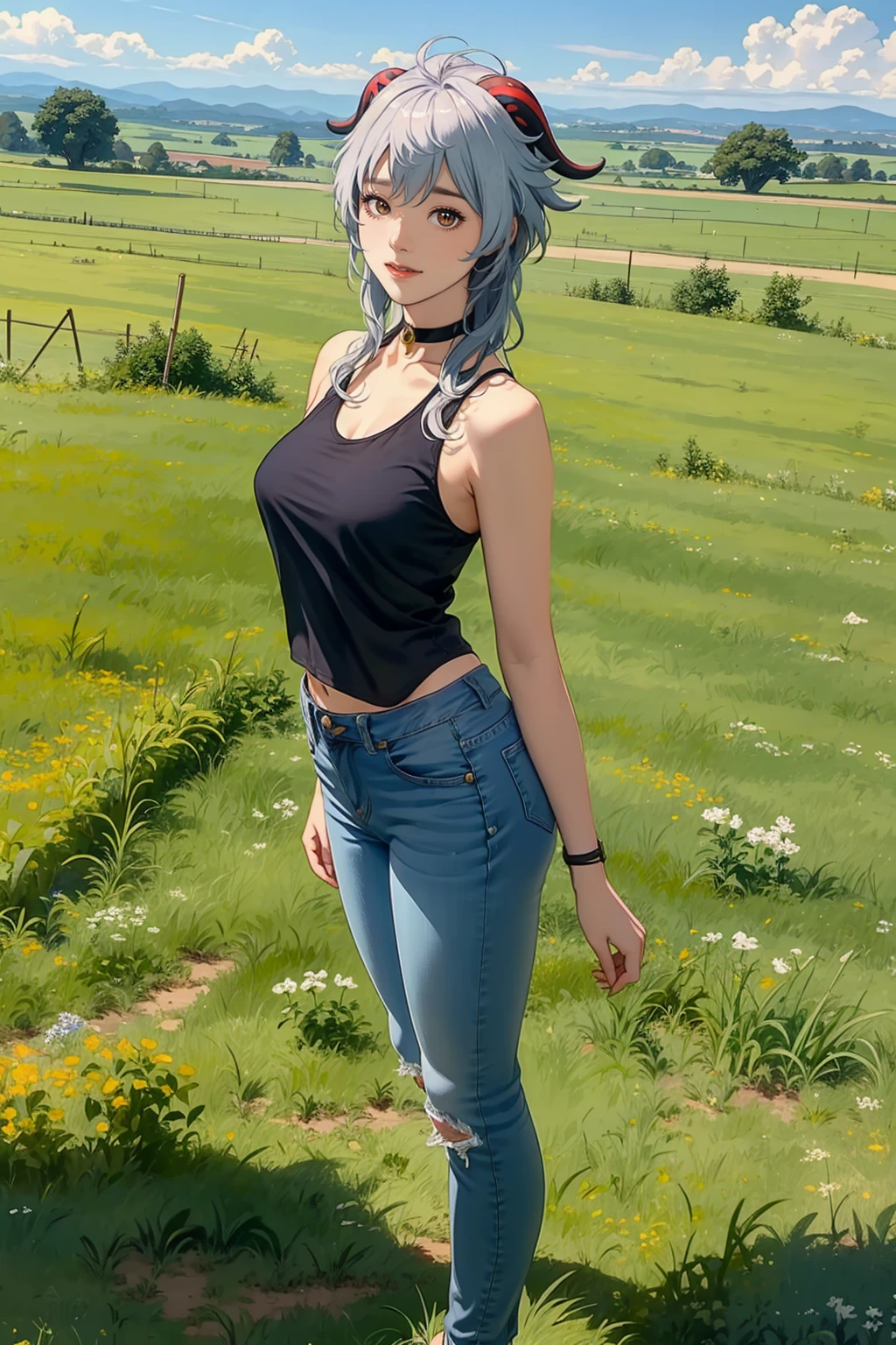 a beautiful woman with long silver white hair((ganyu genshin impact)), black choker and bell,big breasts, wearing a pink tank top and skinny jeans, front view, smiling, standing in an open grassy field with a clear sky, View from below, fullbody shot, long shot, 